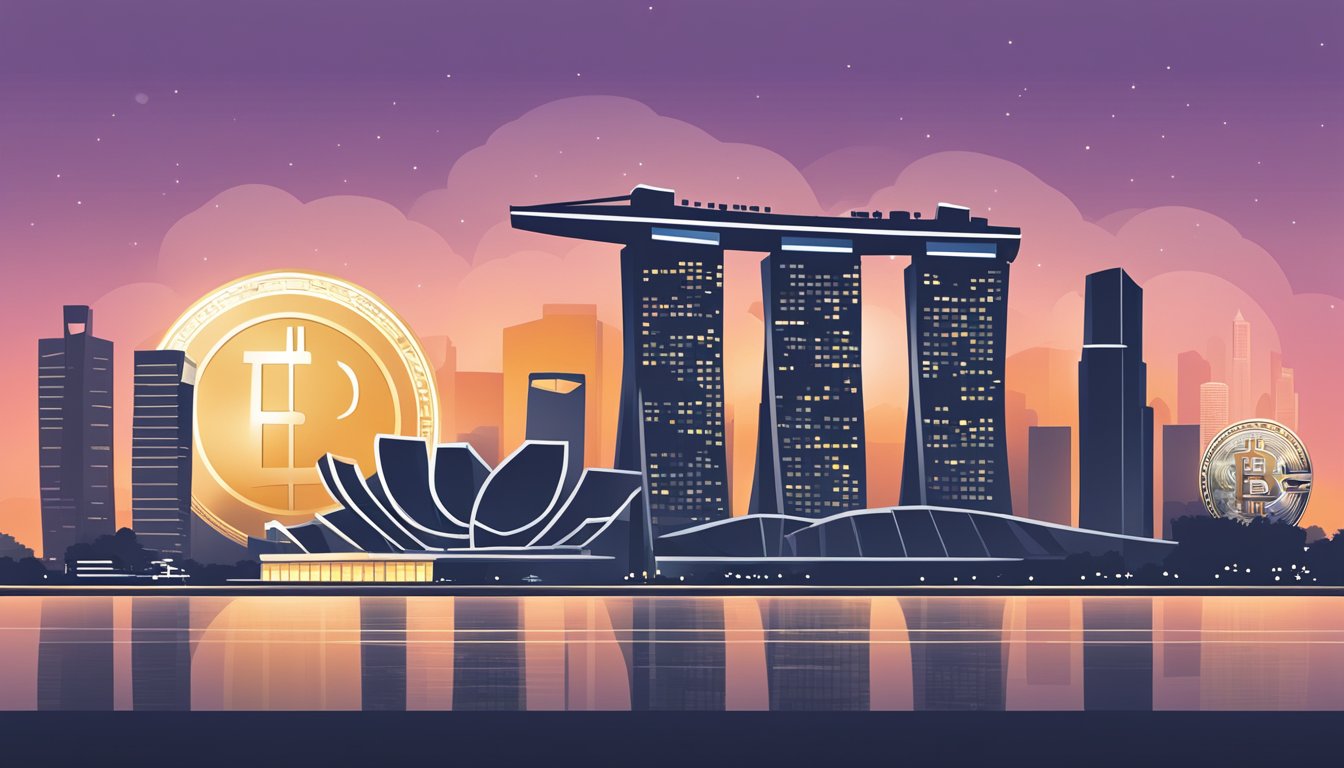 A sleek, modern Singaporean skyline with a digital Bitcoin wallet icon prominently displayed