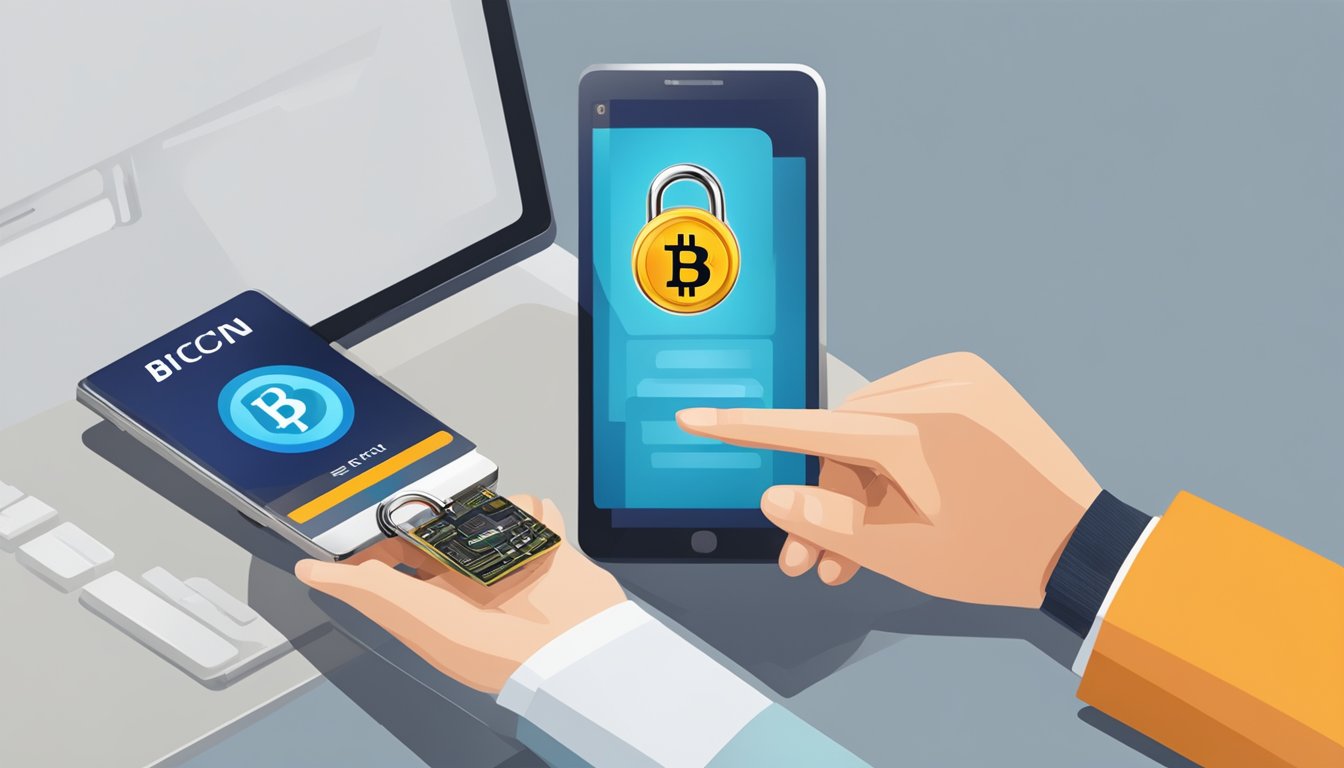 A person locking a padlock on a digital wallet with a Bitcoin logo on a computer screen
