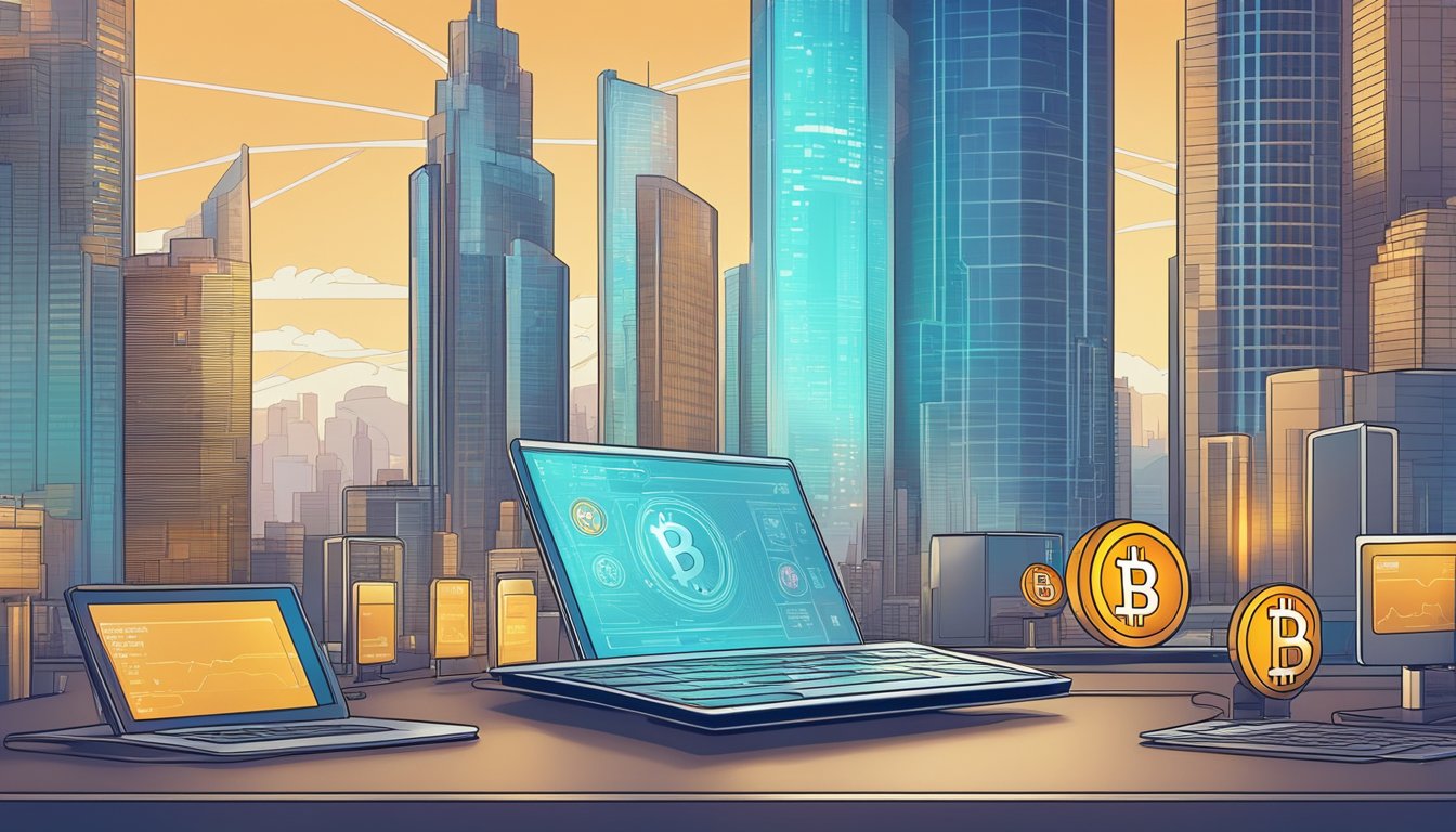 A digital device displaying a Bitcoin wallet interface with advanced features, surrounded by a futuristic cityscape