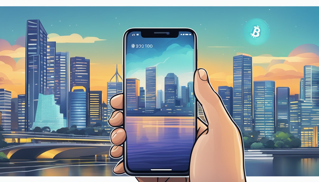 A computer screen displaying a bitcoin wallet app with a Singaporean skyline in the background