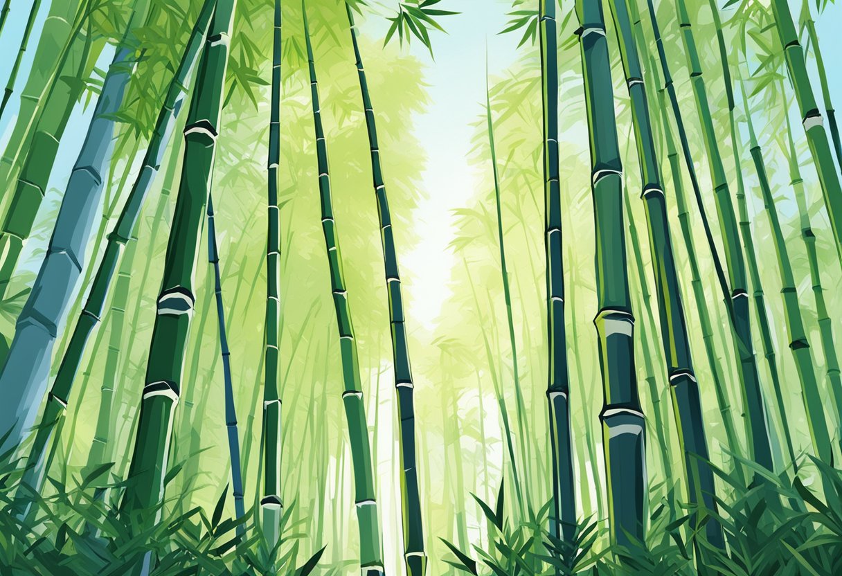 A bamboo forest in Australia, with a clear blue sky and a few delicate bamboo shoots emerging from the ground