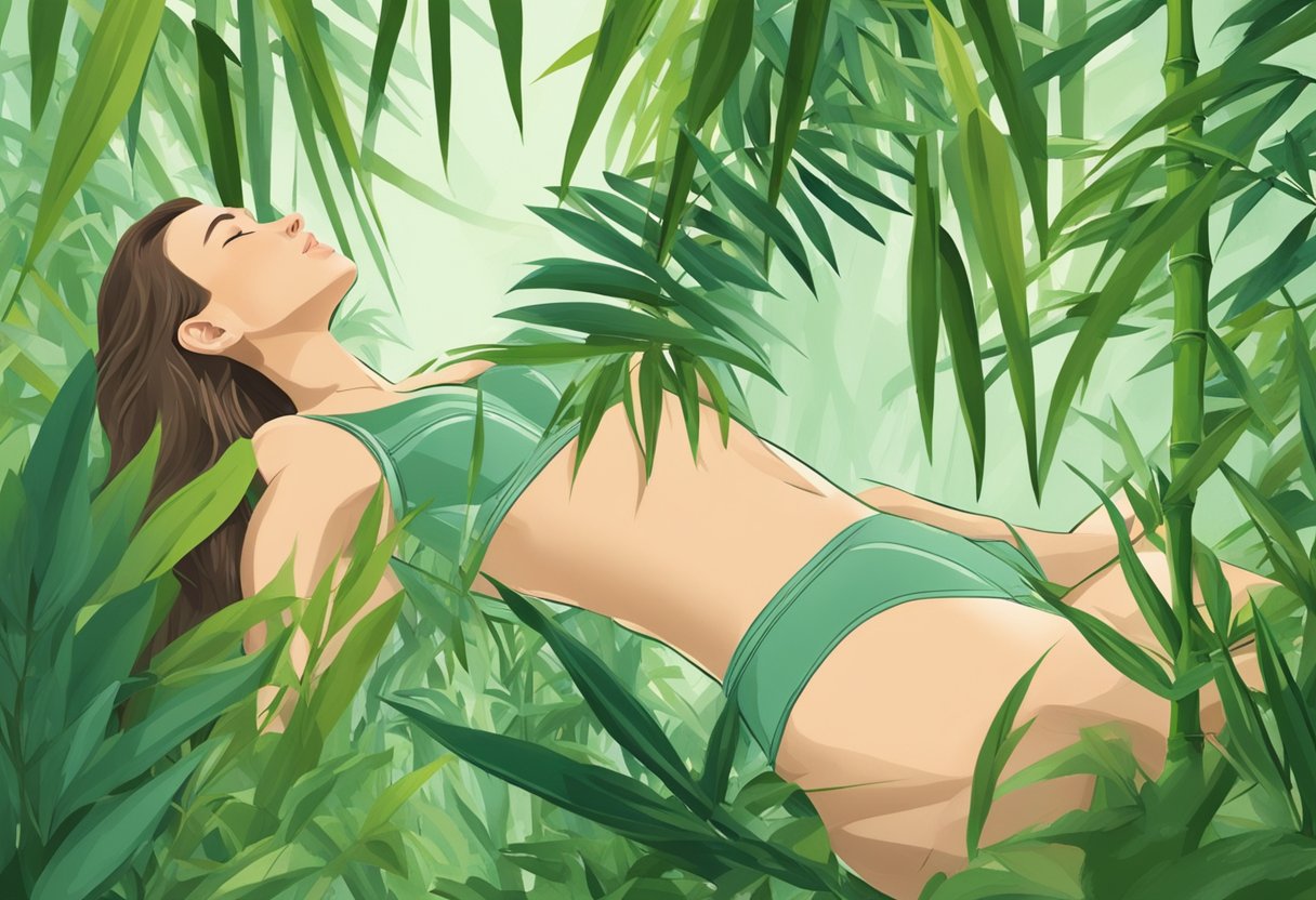 A woman's hand reaches for a pair of bamboo underwear, surrounded by lush bamboo plants, symbolizing the comfort and eco-friendly benefits of the product