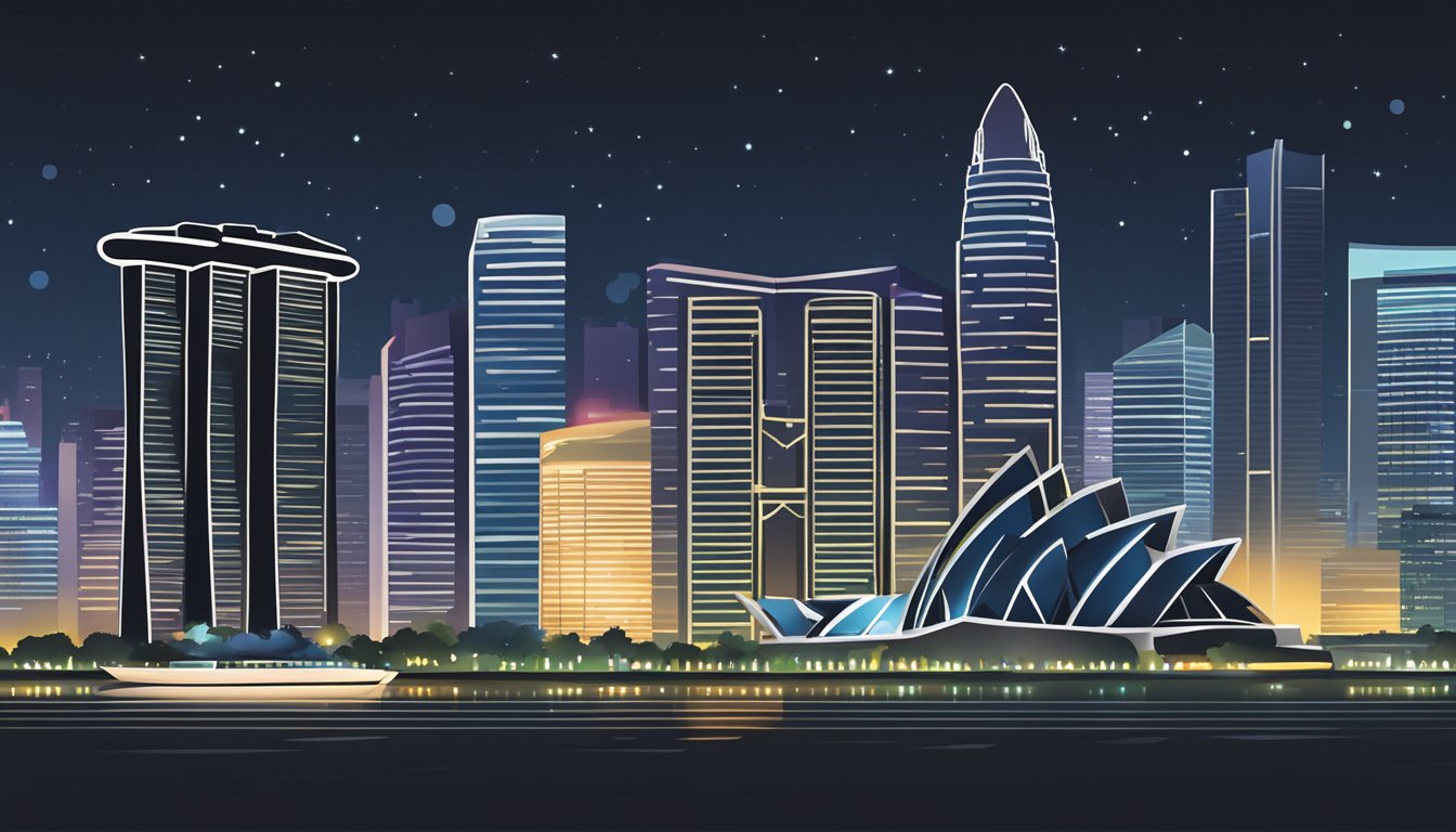 A black card against the backdrop of Singapore's iconic city skyline at night. The card is sleek and modern, with the city's bright lights illuminating the scene