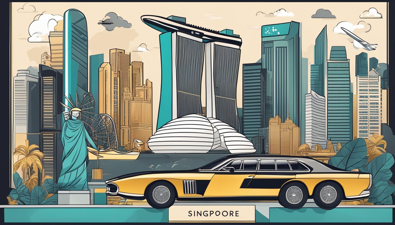 A sleek black card with Singaporean landmarks in the background, surrounded by luxury items and symbols of wealth