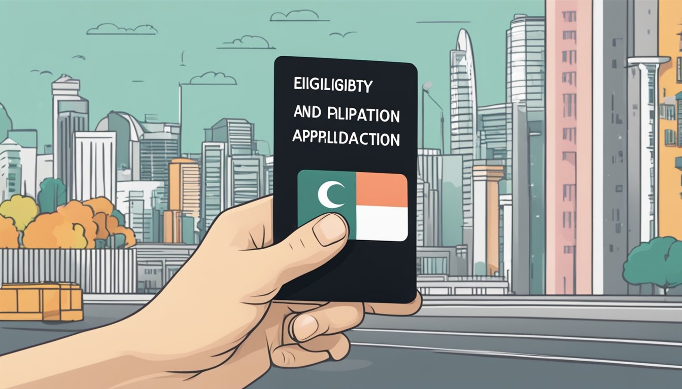 A hand holding a black card with "Eligibility and Application Process" text on a Singapore background