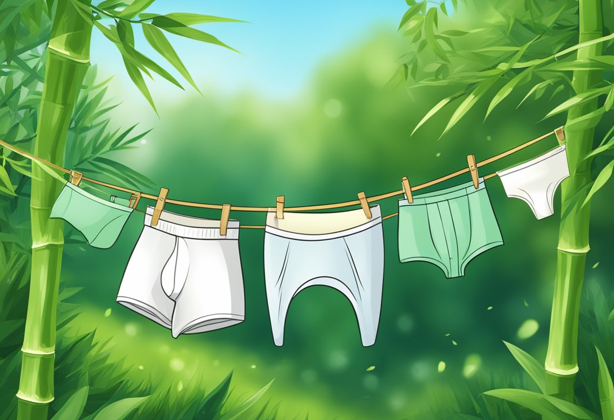 Bamboo incontinence underwear displayed on a clothesline in a lush green garden