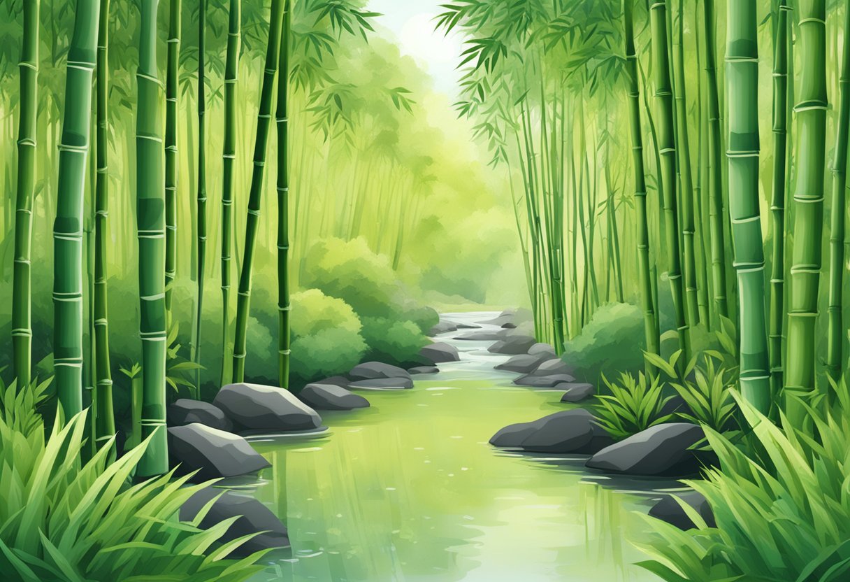 A bamboo forest with a stream, showcasing the natural benefits of bamboo for incontinence underwear