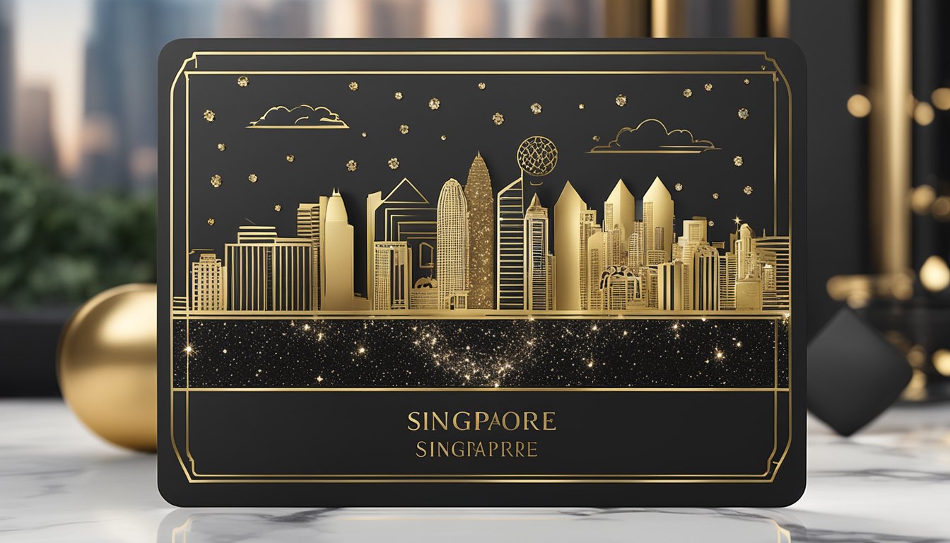 A sleek black card with gold lettering sits on a luxurious marble tabletop, surrounded by sparkling diamonds and a backdrop of the iconic Singapore skyline