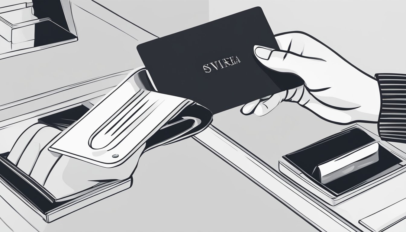 A sleek black card being swiped at a high-end retail store in Singapore. The card is being handled with care and sophistication