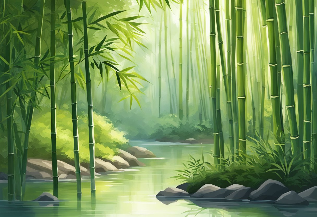 A bamboo forest with a clear stream running through, sunlight filtering through the leaves, and a gentle breeze rustling the bamboo stalks