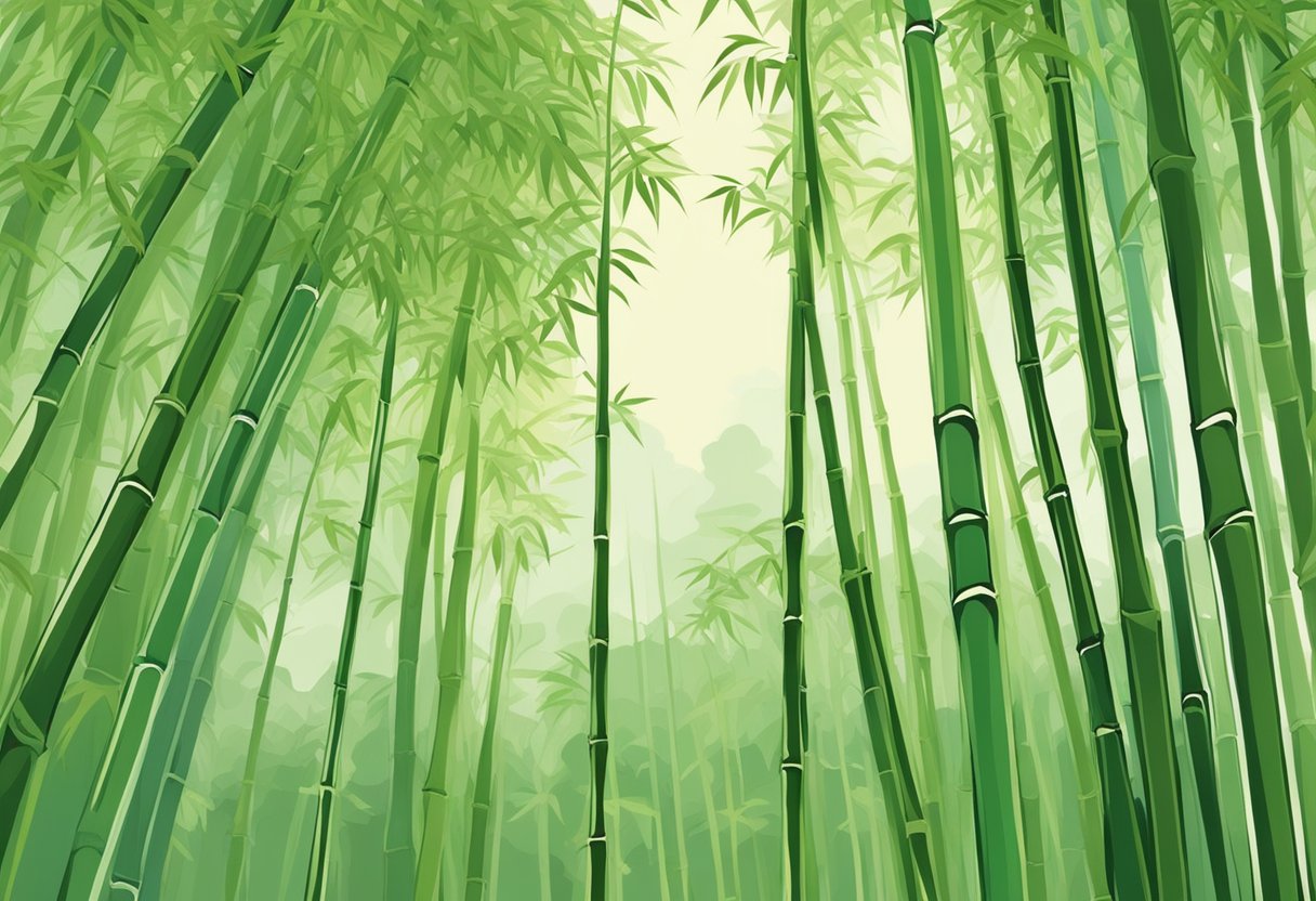 A bamboo forest with soft, green leaves and tall, sturdy stalks. A gentle breeze rustles the foliage, creating a peaceful and serene atmosphere