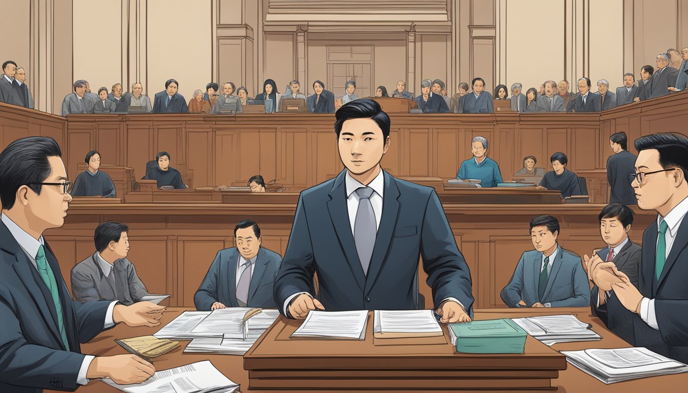 The illustration shows a courtroom scene with a judge and lawyers discussing blacklisted moneylenders in Singapore. Legal documents and regulations are prominently displayed
