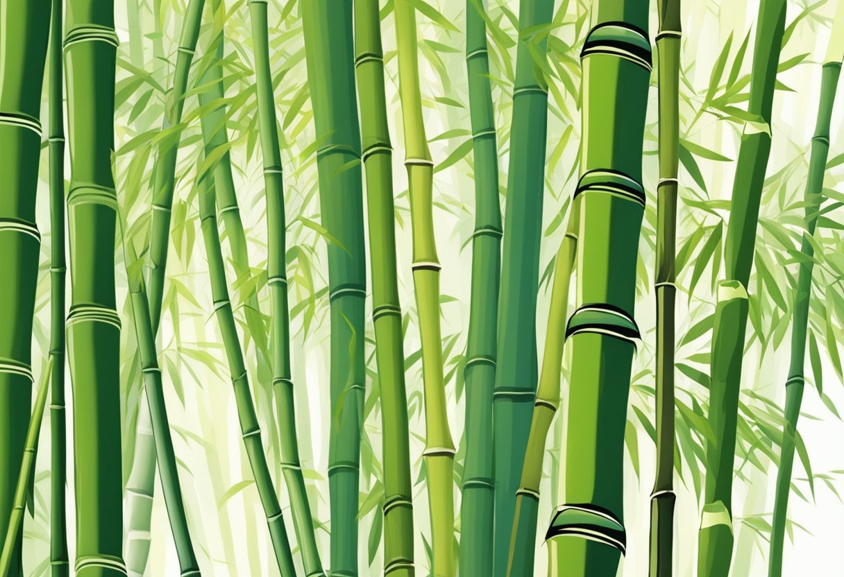 A bamboo forest with a close-up of bamboo shoots. The sunlight filters through the leaves, highlighting the natural fibers