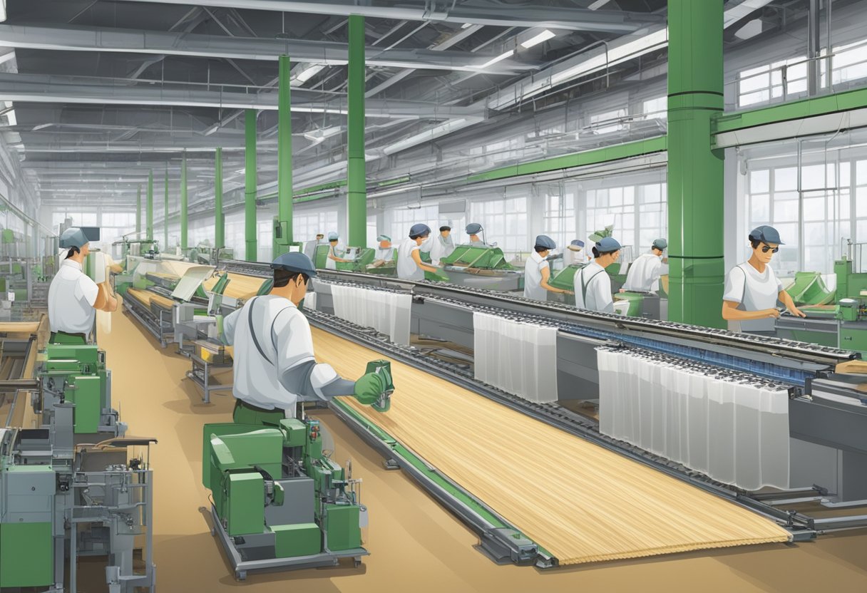 Bamboo underwear being produced in a modern factory setting, with conveyor belts, machinery, and workers inspecting the final product