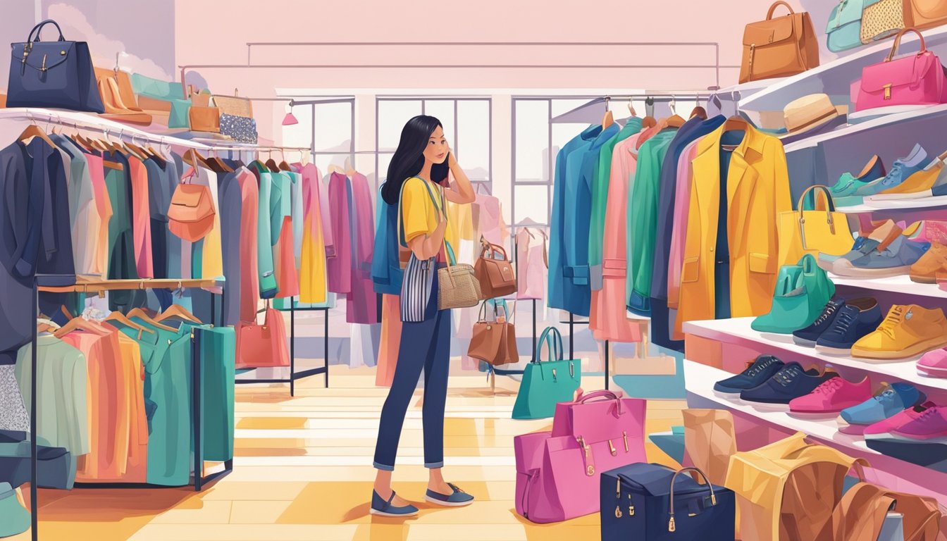 A vibrant display of fashion items from Singapore's top blogshops, featuring trendy clothing, accessories, and shoes. Bright colors and stylish designs fill the scene, drawing in shoppers with their allure