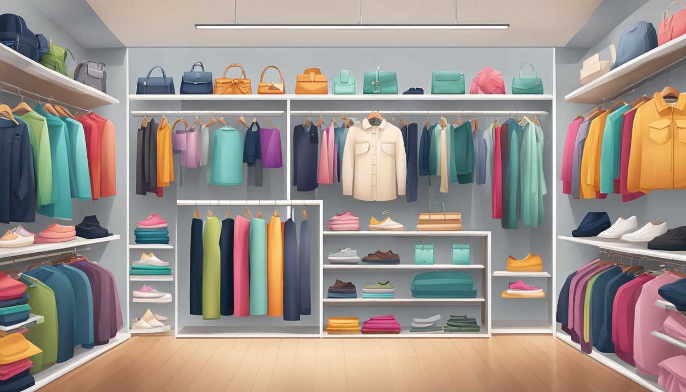 A colorful display of clothing and accessories arranged neatly on racks and shelves in a modern and stylish boutique setting