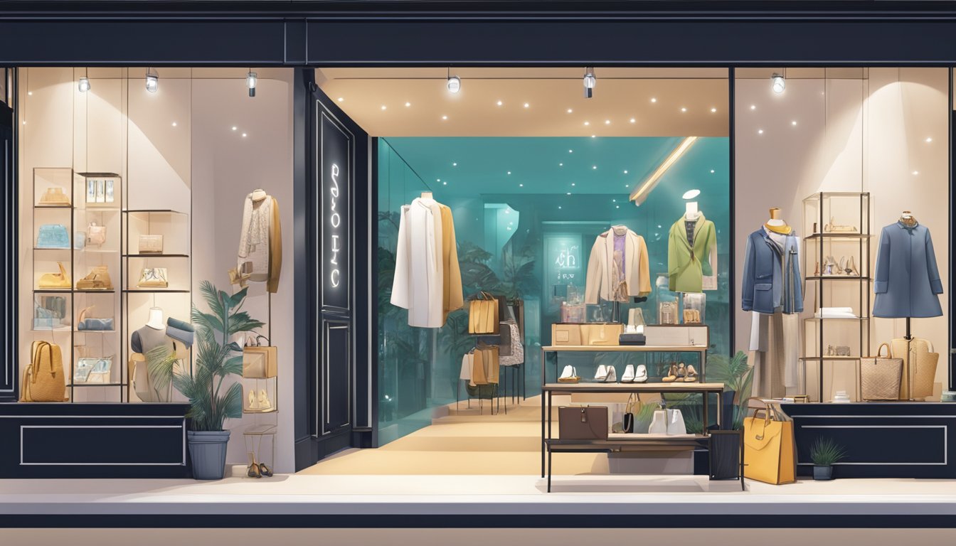 A stylish blogshop storefront in Singapore, showcasing a variety of accessories and fashion items. Bright lights highlight the display, drawing in potential customers