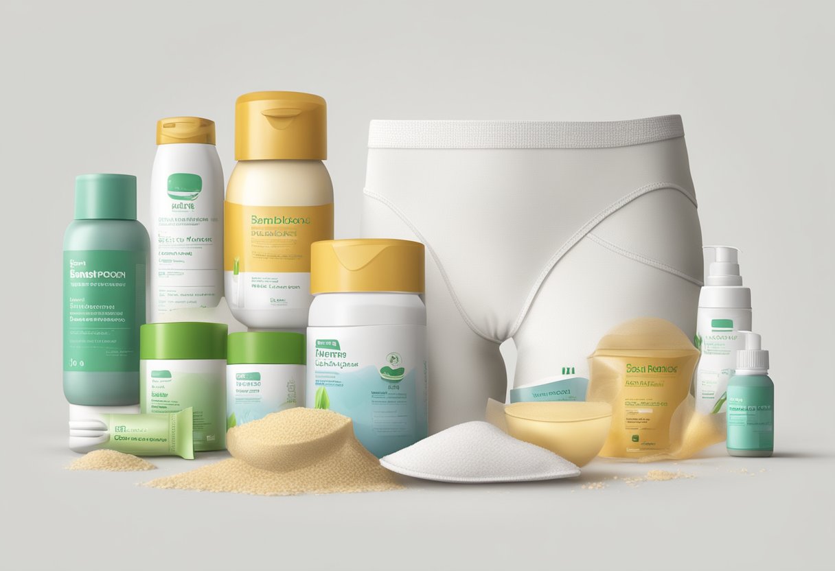 A bamboo underwear surrounded by yeast infection treatment products on a clean, white surface