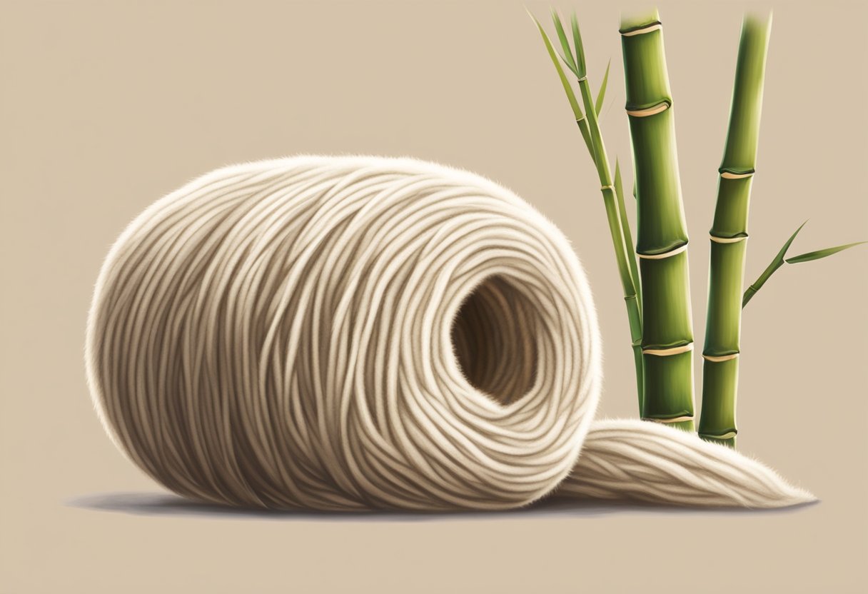 A bamboo plant stands tall next to a soft, fluffy ball of wool. The bamboo appears sturdy and smooth, while the wool looks cozy and warm