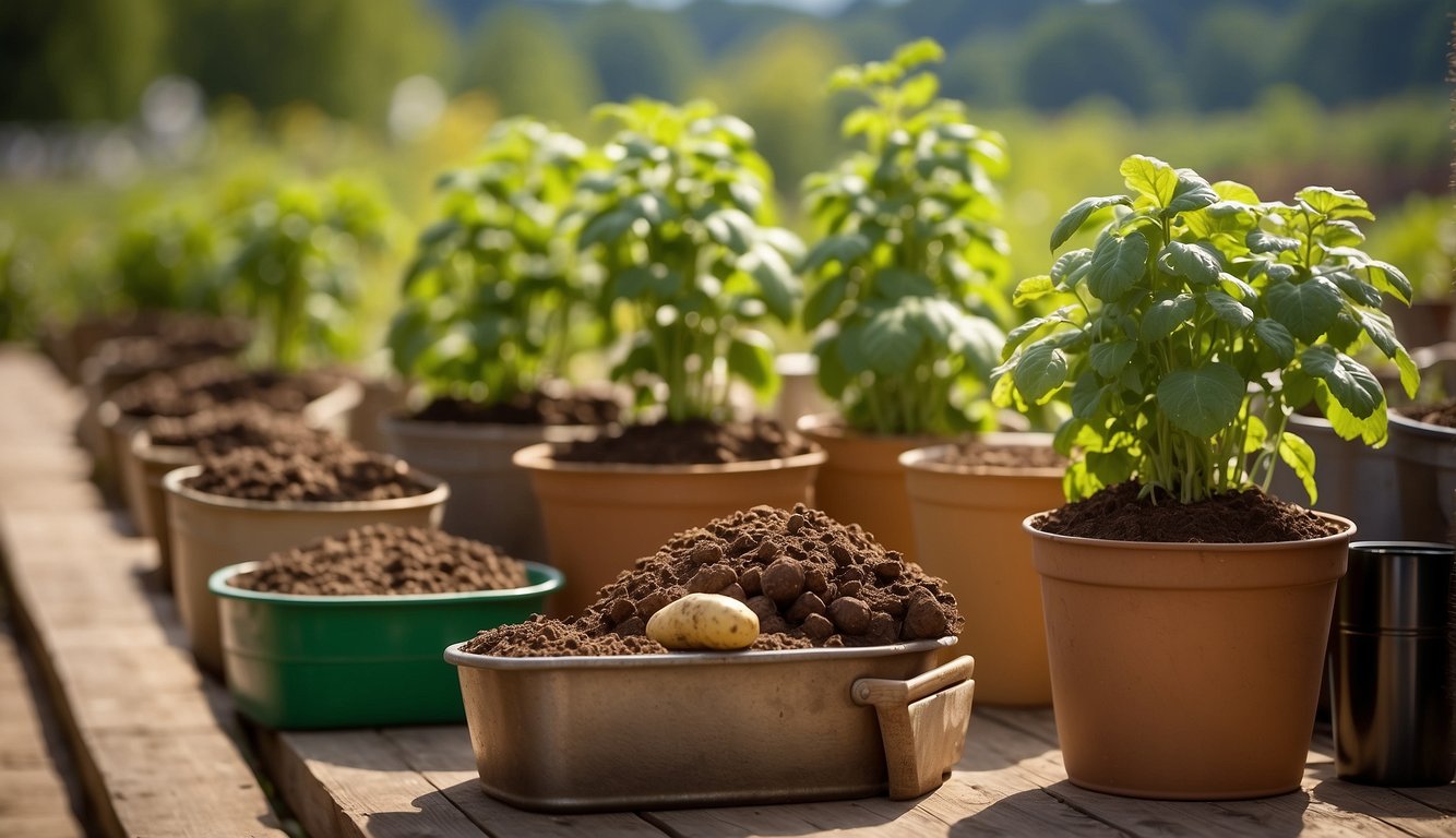 Potato containers arranged on a sunny, open terrace. Soil, fertilizer, and seed potatoes ready for planting. Gardening tools and watering can nearby