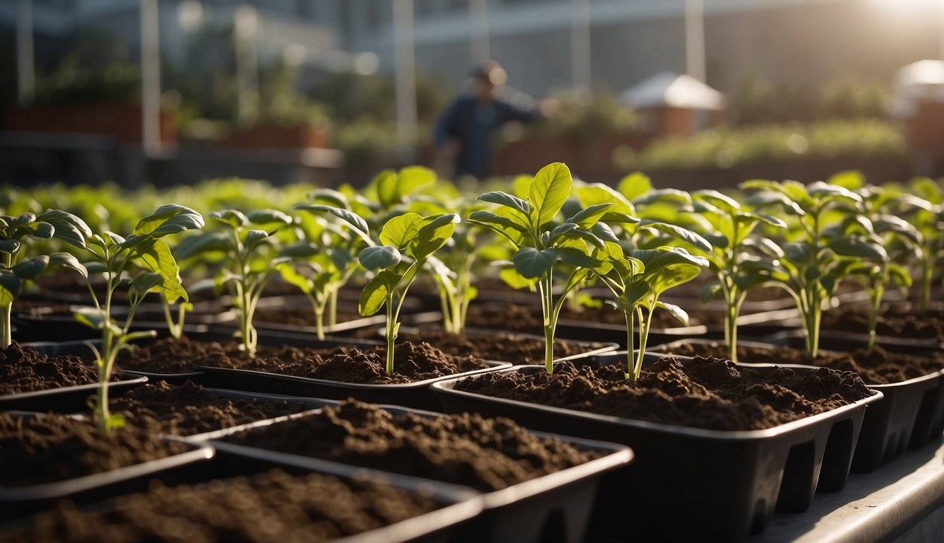 A person fills large containers with soil, then plants potato seedlings