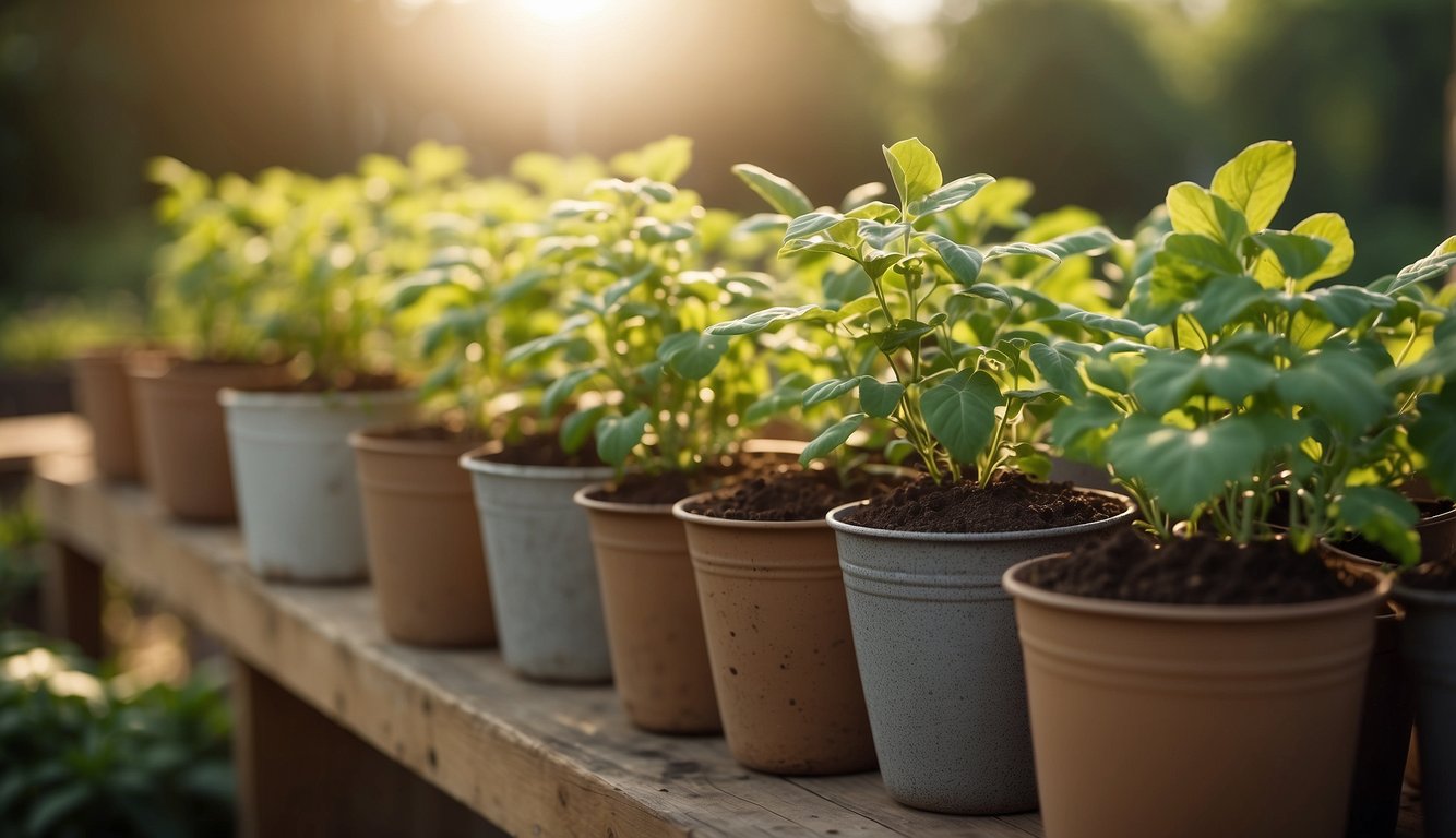 Healthy potato plants in containers, placed in a sunny spot. Watering can nearby. Soil is moist and well-drained. Green leaves and stems are thriving