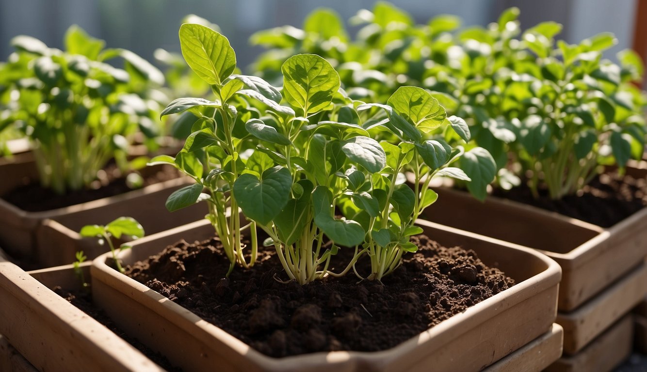 Lush green potato plants thriving in various sized containers, stacked on a patio or balcony, with rich soil and ample sunlight
