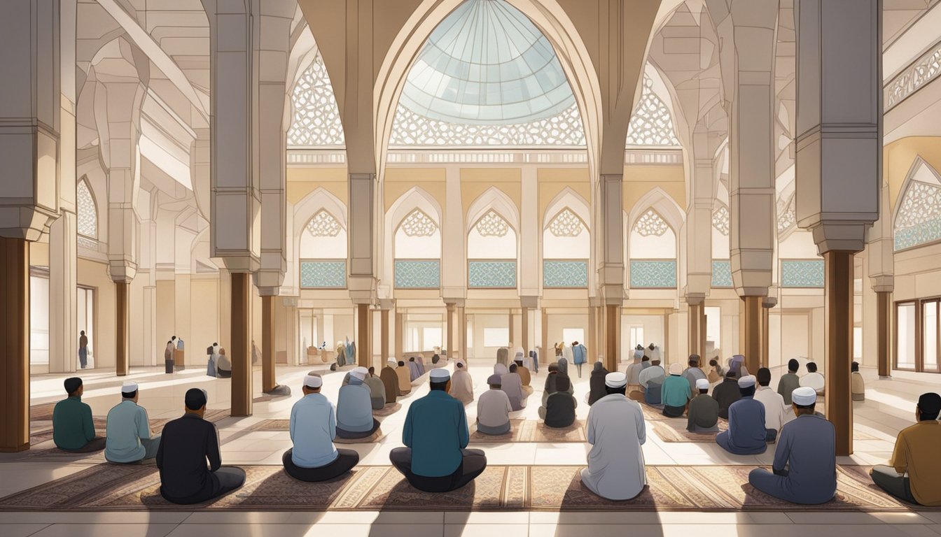 Muslims gather in a modern mosque in Singapore for Friday prayers, with men and women entering the prayer hall and removing their shoes before finding a spot to pray. The atmosphere is serene and respectful, with soft lighting and intricate architectural details