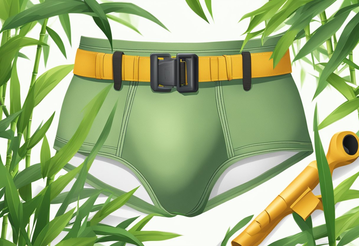A bamboo underwear package surrounded by bamboo plants and a construction tool belt