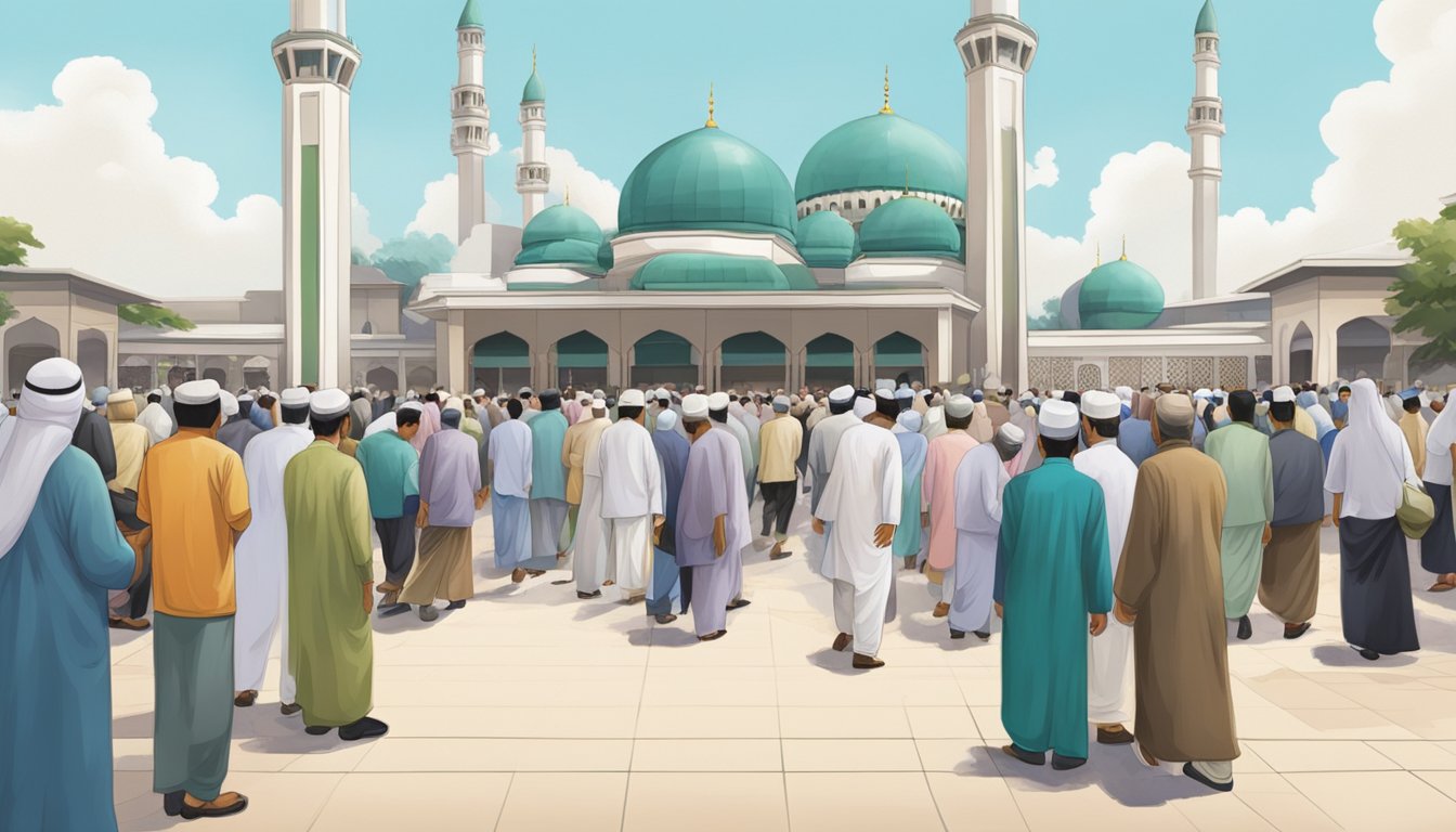 People gathering at a mosque, removing shoes, and entering for Friday prayers in Singapore