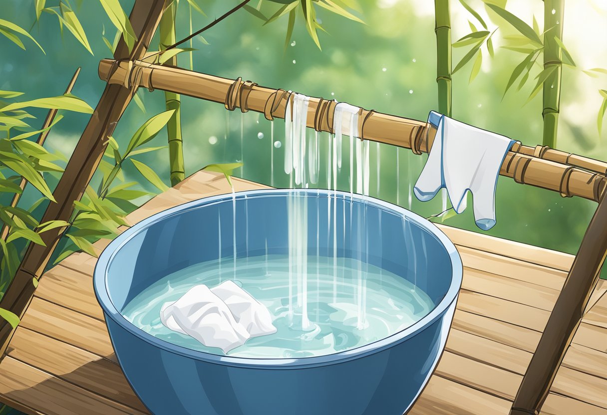Bamboo underwear being washed in a basin of water with gentle detergent, then hung to dry in a sunny, breezy outdoor setting