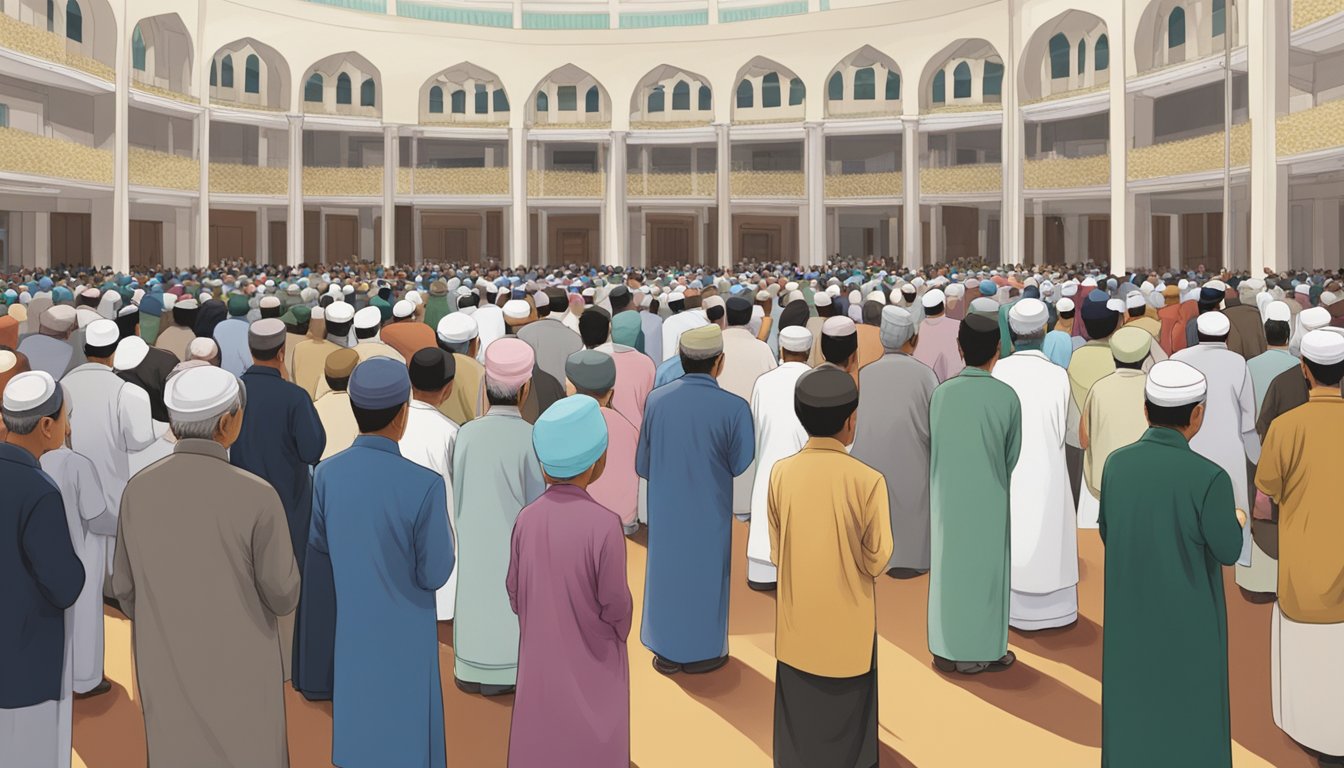 People gathering for Friday prayers at a mosque in Singapore, with cultural elements like traditional clothing and prayer rugs