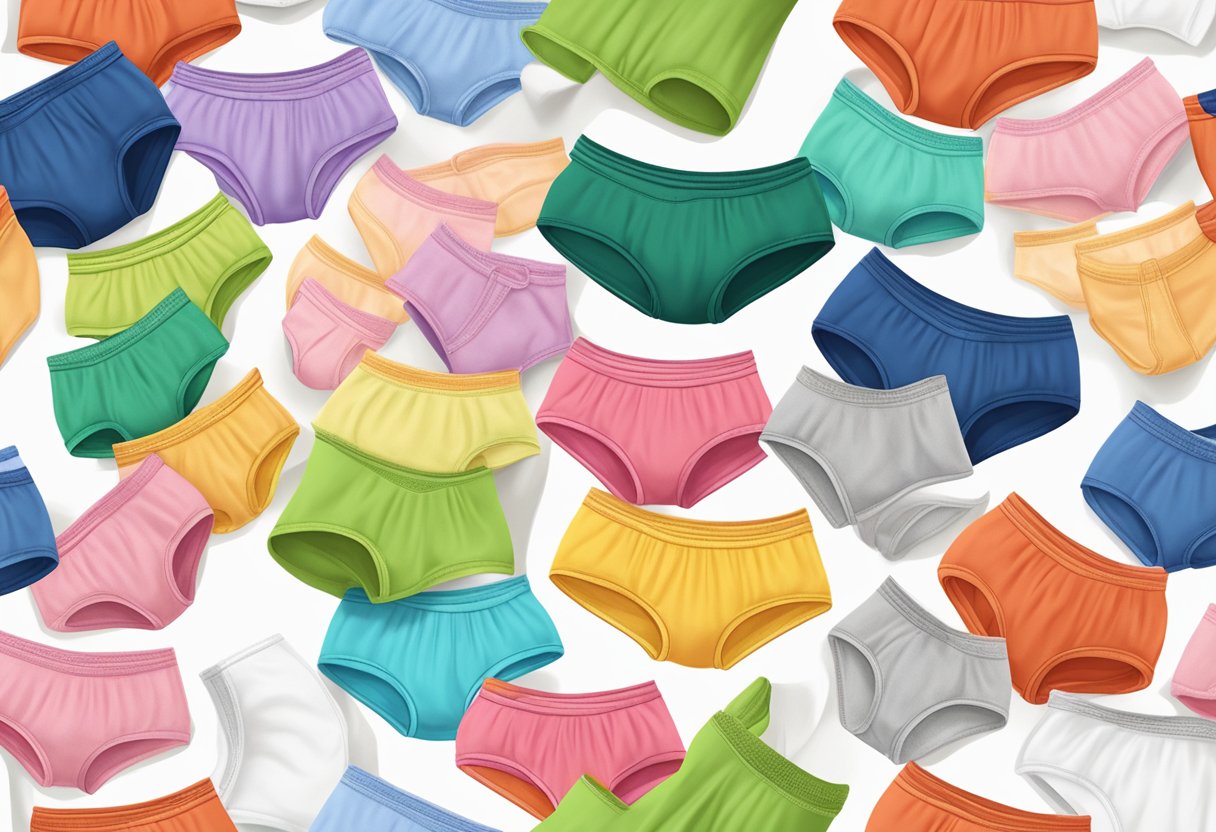 A pile of Lyra Bamboo Menstrual Underwear in various sizes and colors arranged neatly on a white background