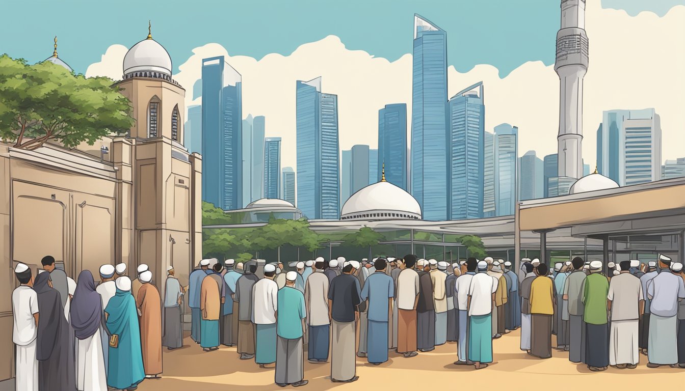 People lining up, mosque entrance, signboard "Friday Prayers FAQ," Singapore skyline in background