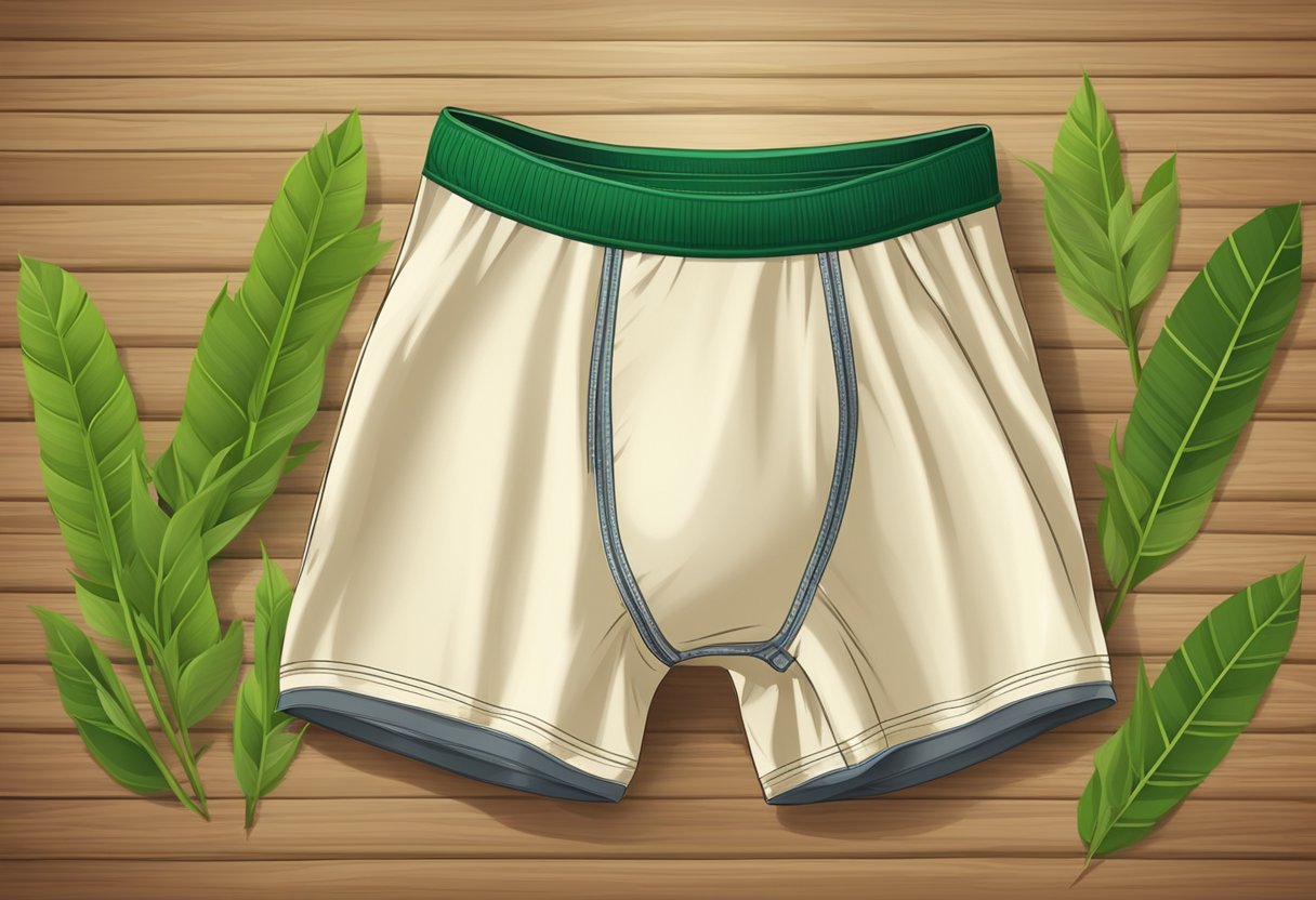 A man's boxer bamboo underwear lies on a wooden surface, surrounded by green bamboo leaves, emphasizing the natural and eco-friendly benefits of the product