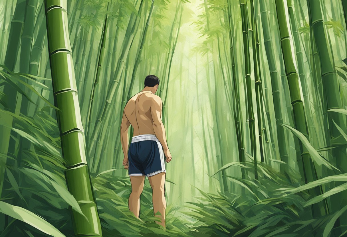 A bamboo forest with boxer underwear scattered around, symbolizing the environmental impact of men's bamboo underwear production