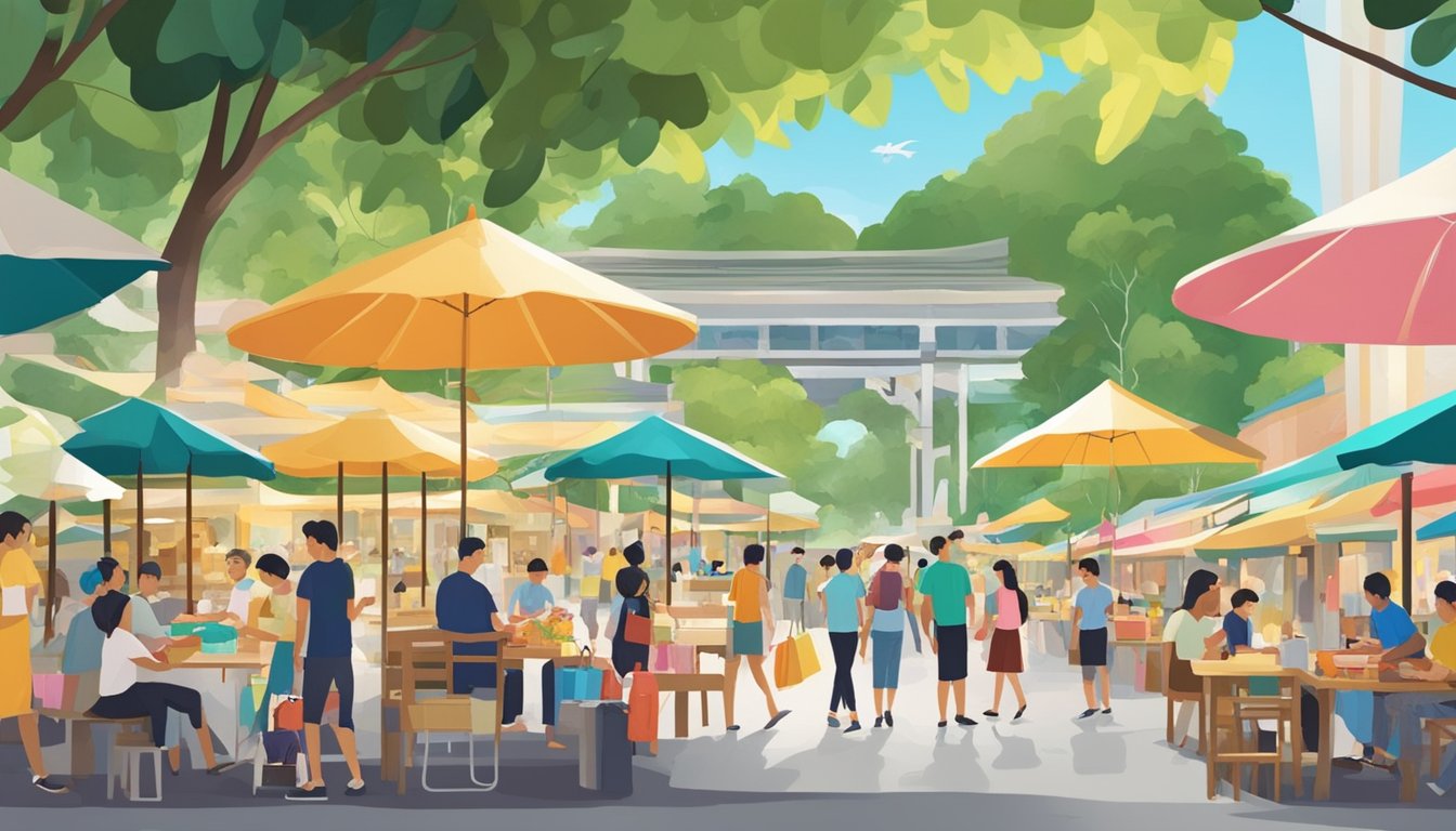 People enjoying shopping and dining in Boon Lay Park, Singapore. Outdoor stalls, colorful umbrellas, and bustling activity