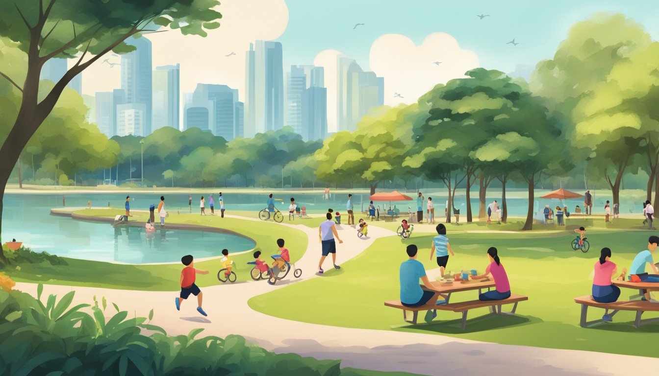 Families picnic near playgrounds, while others jog and cycle around the serene lake at Boon Lay Park, Singapore