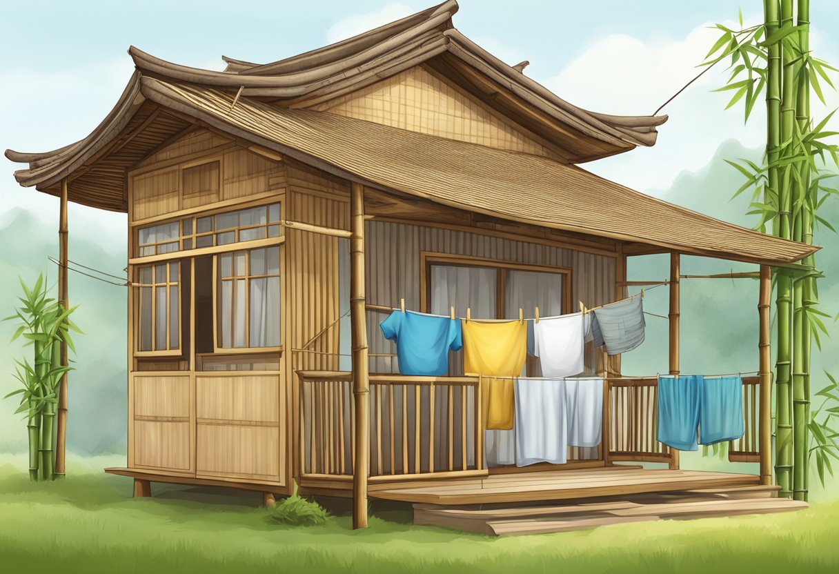 A bamboo house with underwear hanging on a clothesline