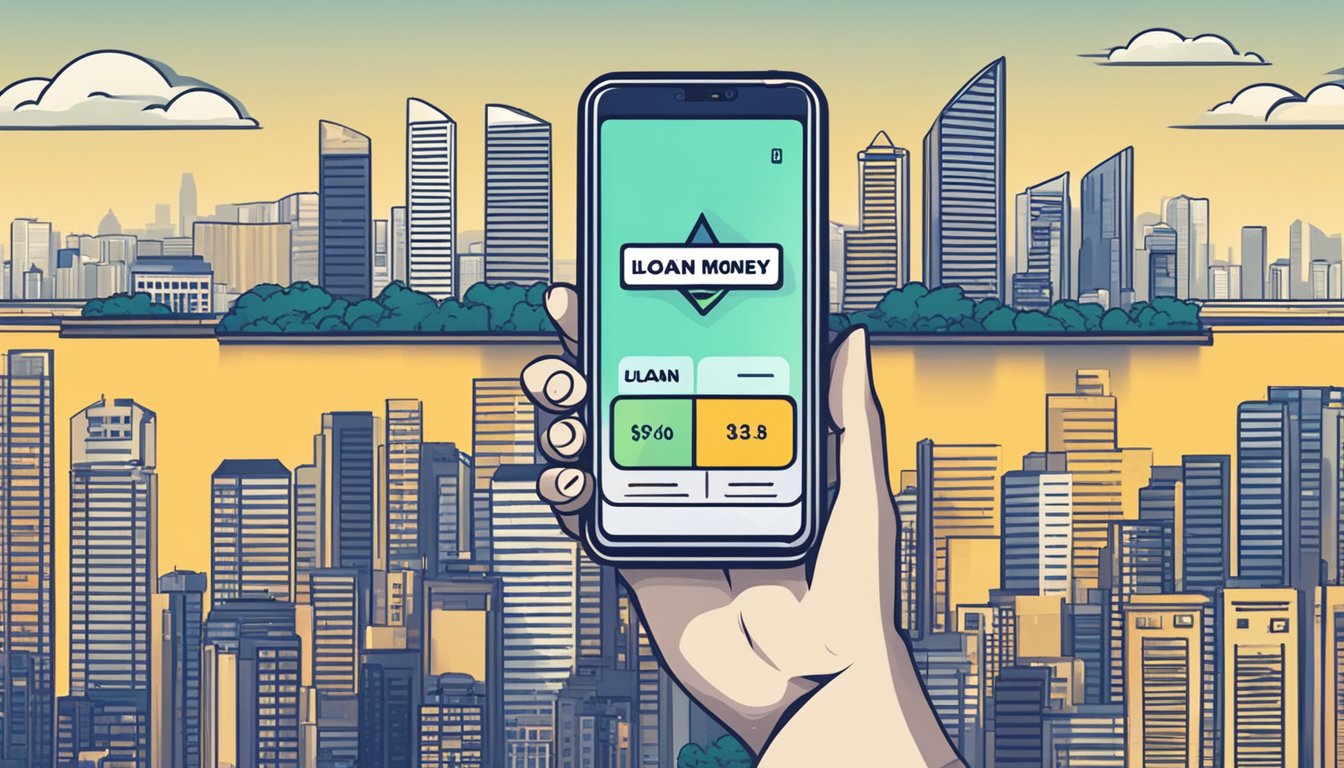 A smartphone displaying a loan app with a "borrow money instantly" button, set against the backdrop of the Singapore skyline