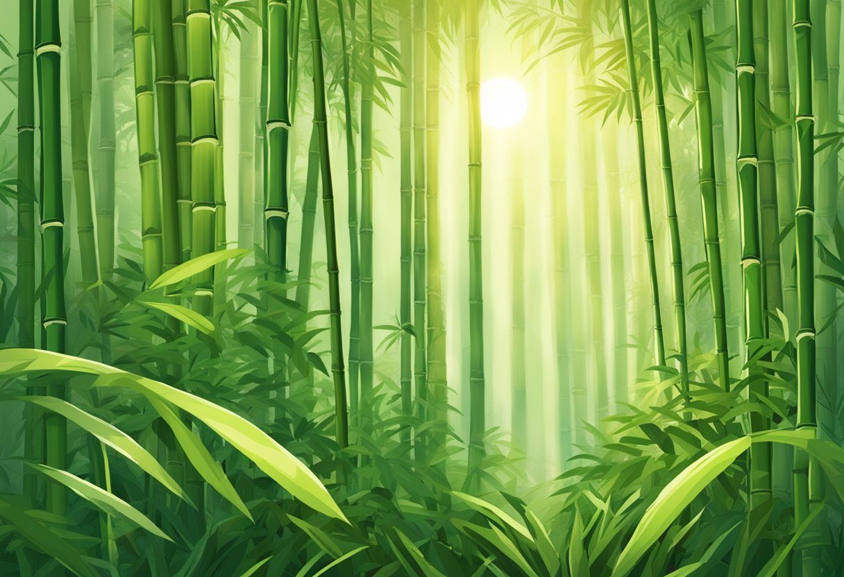 A lush bamboo forest with a sign advertising a sale on bamboo underwear. Sunlight filters through the leaves, creating a serene and eco-friendly atmosphere