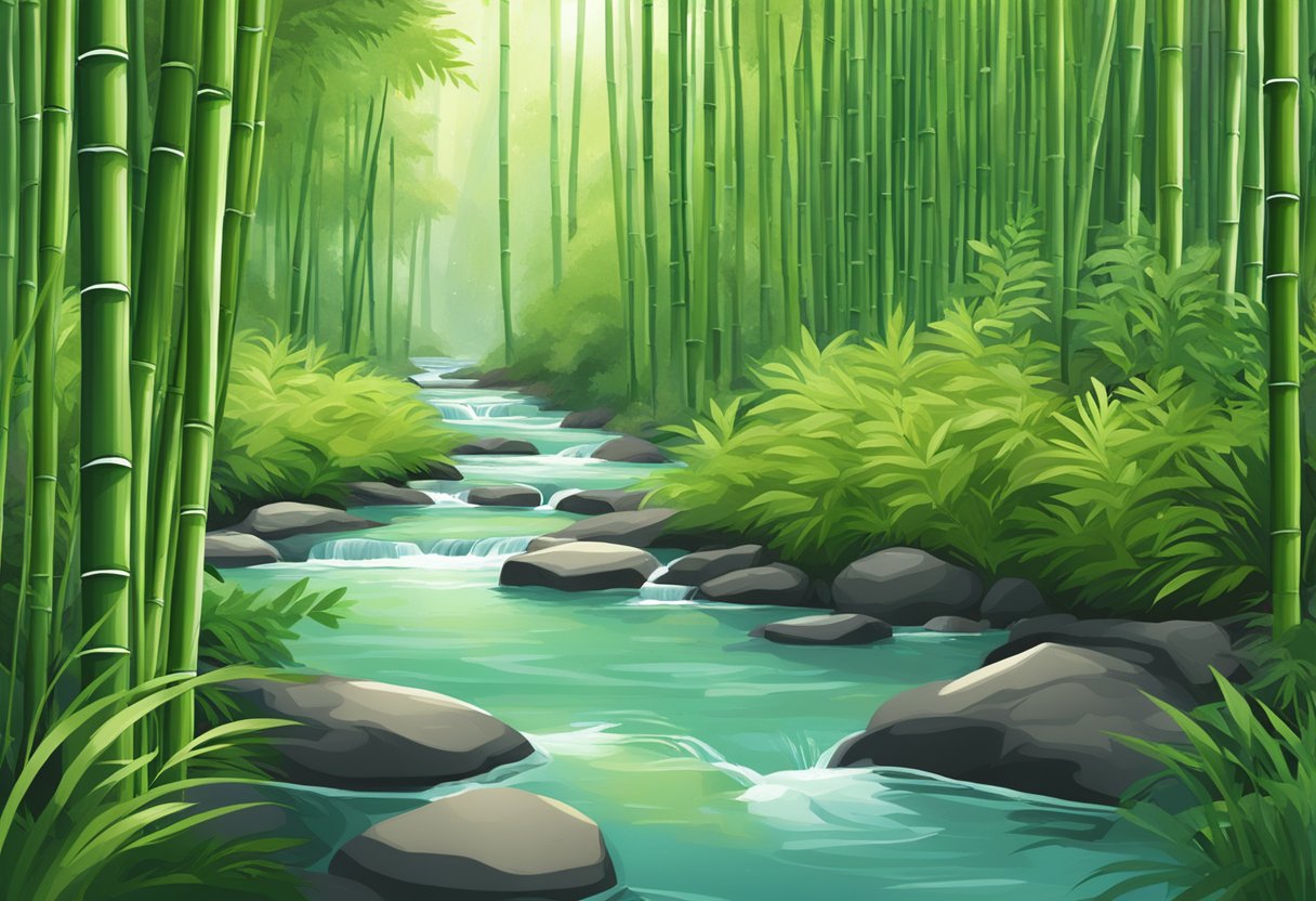 A lush bamboo forest with a clear stream flowing through, showcasing the natural benefits of bamboo underwear