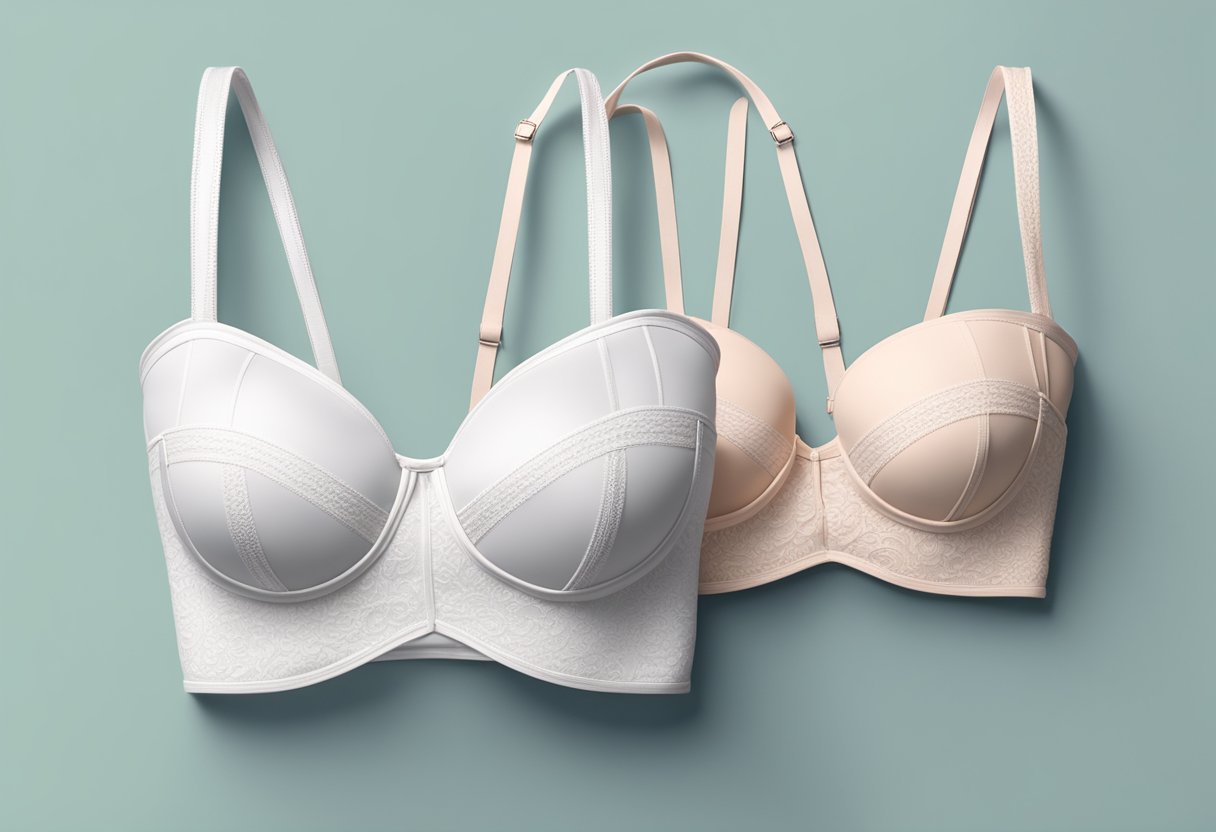 Two strapless bras, one size M and one size S, displayed on a clean, white surface with soft lighting