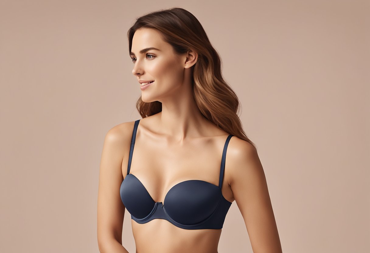 A woman's hand reaches for a strapless bra from M&S, showcasing its comfortable fit and support. The bra is displayed against a neutral background, highlighting its versatility