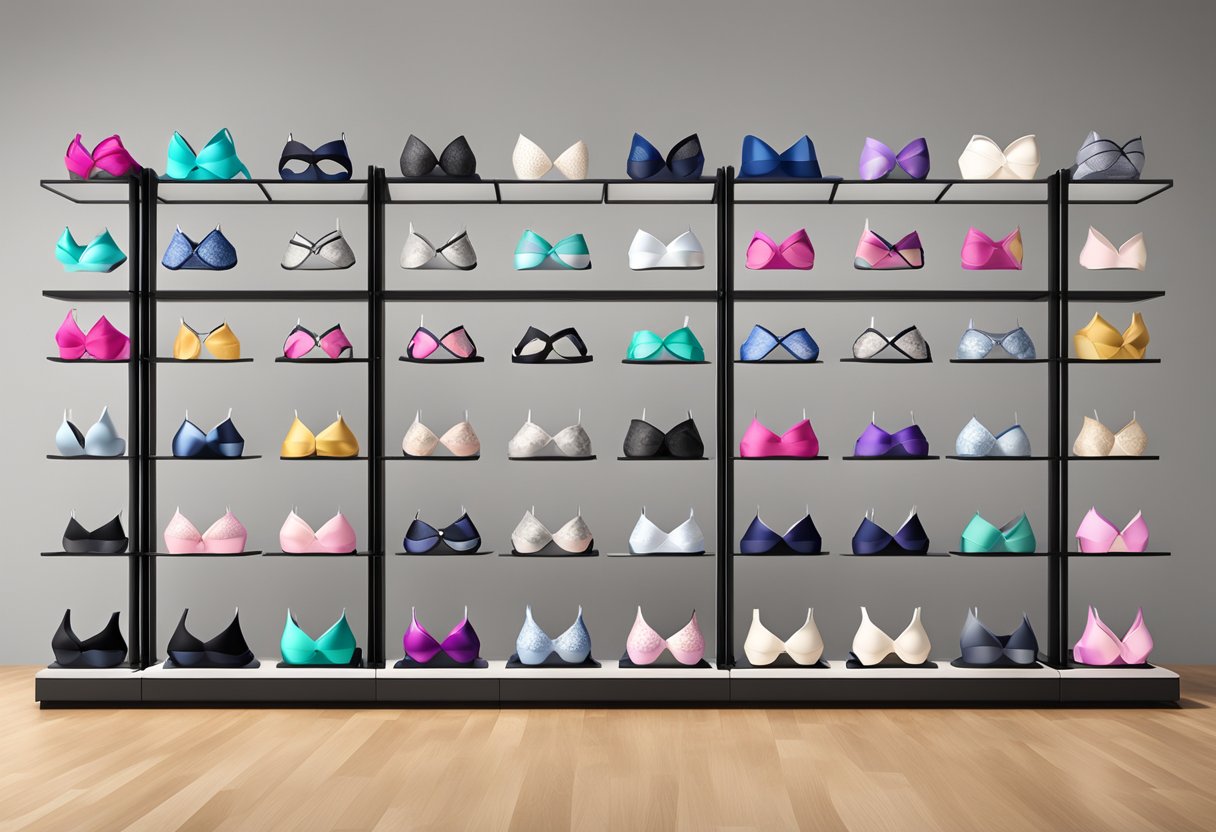A display of 34DDD strapless bras in various colors and styles, arranged neatly on a sleek, modern display stand