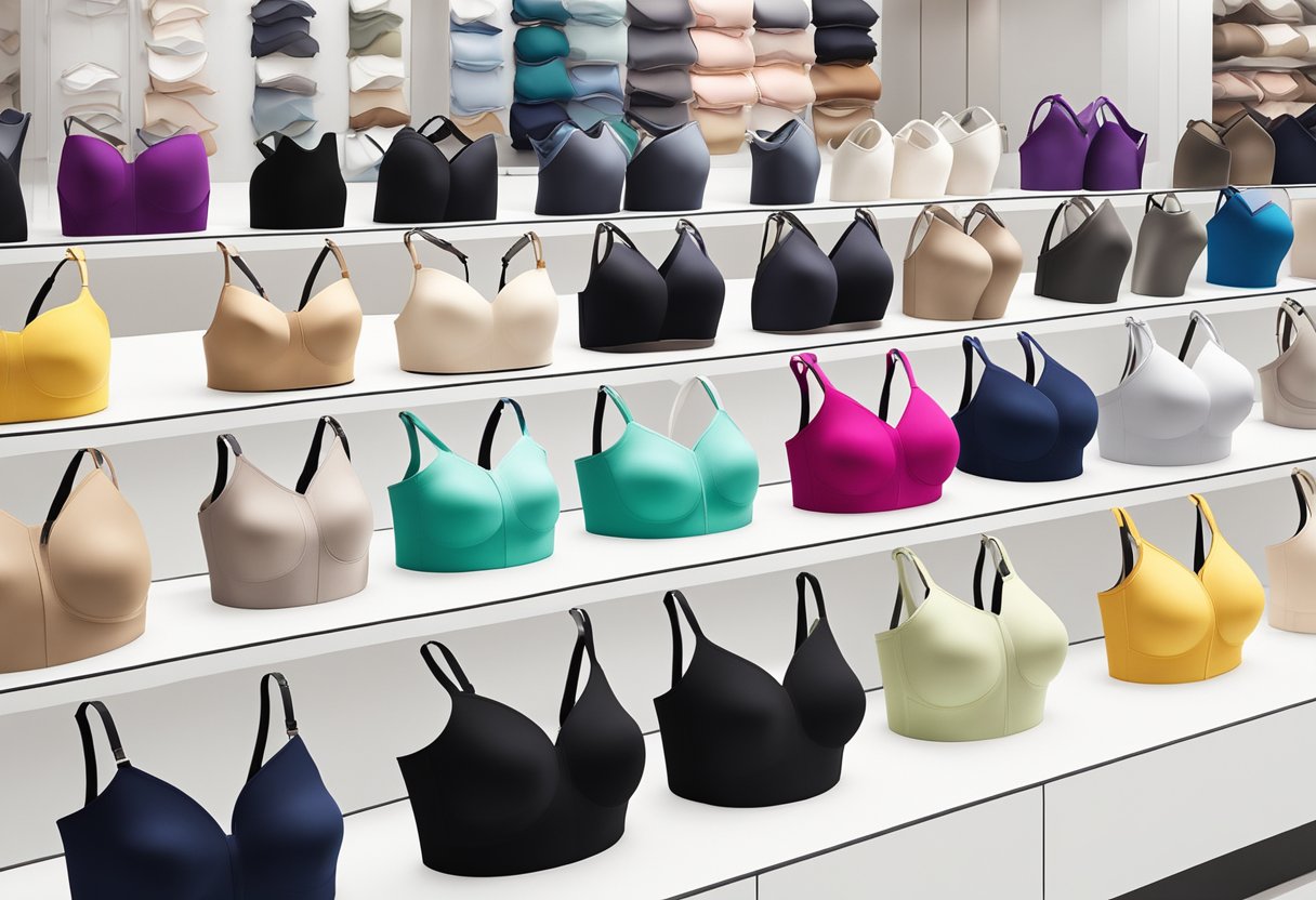 Various types of strapless bras displayed on a clean, white table at Marks and Spencer. Different colors and styles are neatly arranged for customers to choose from