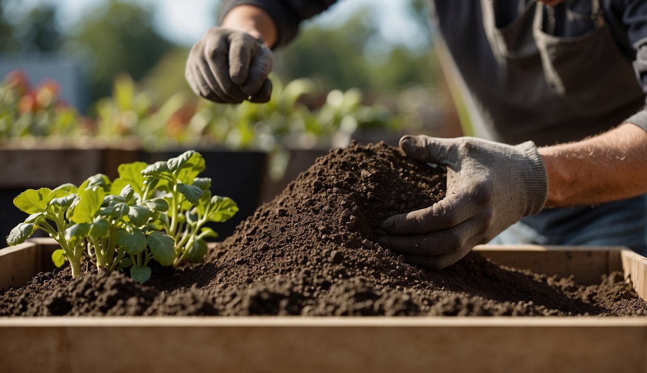 A gardener carefully mixes rich soil, compost, and perlite in a large container, preparing the perfect soil mix for vegetable planter boxes