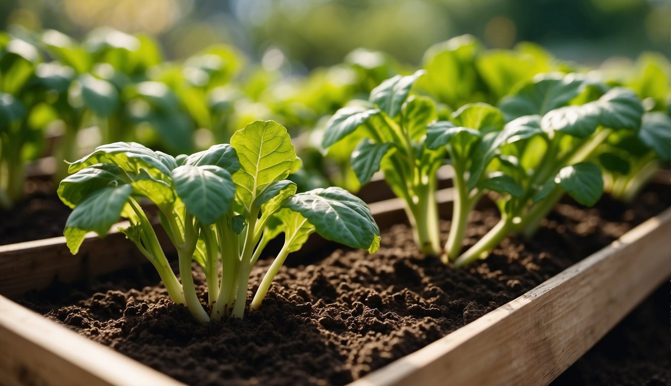 Lush green vegetables thrive in planter boxes with well-draining, nutrient-rich soil. The water management system ensures optimal moisture levels for healthy plant growth