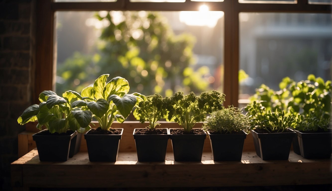 Sunlight filters through a window onto a row of vegetable planter boxes. A thermometer displays an ideal temperature, while rich, dark soil fills the containers