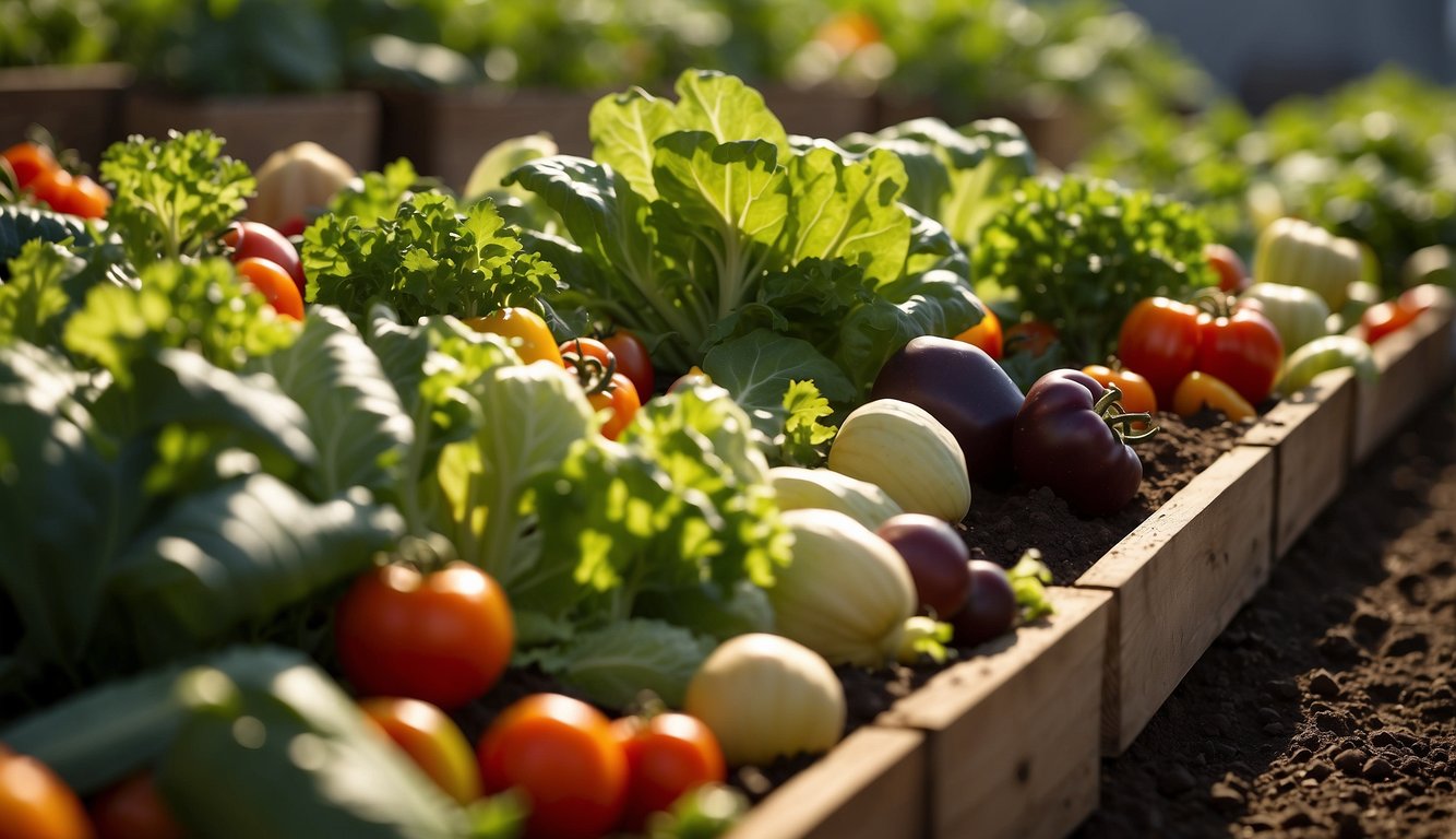 Various vegetables arranged in planter boxes with rich soil, including tomatoes, peppers, lettuce, and carrots. Bright sunlight illuminates the scene